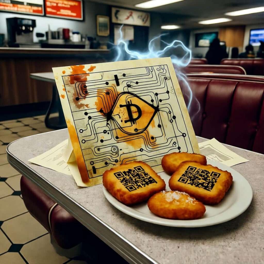 Glowing blockchain spills over diner booth; hash browns stamped with QR codes.