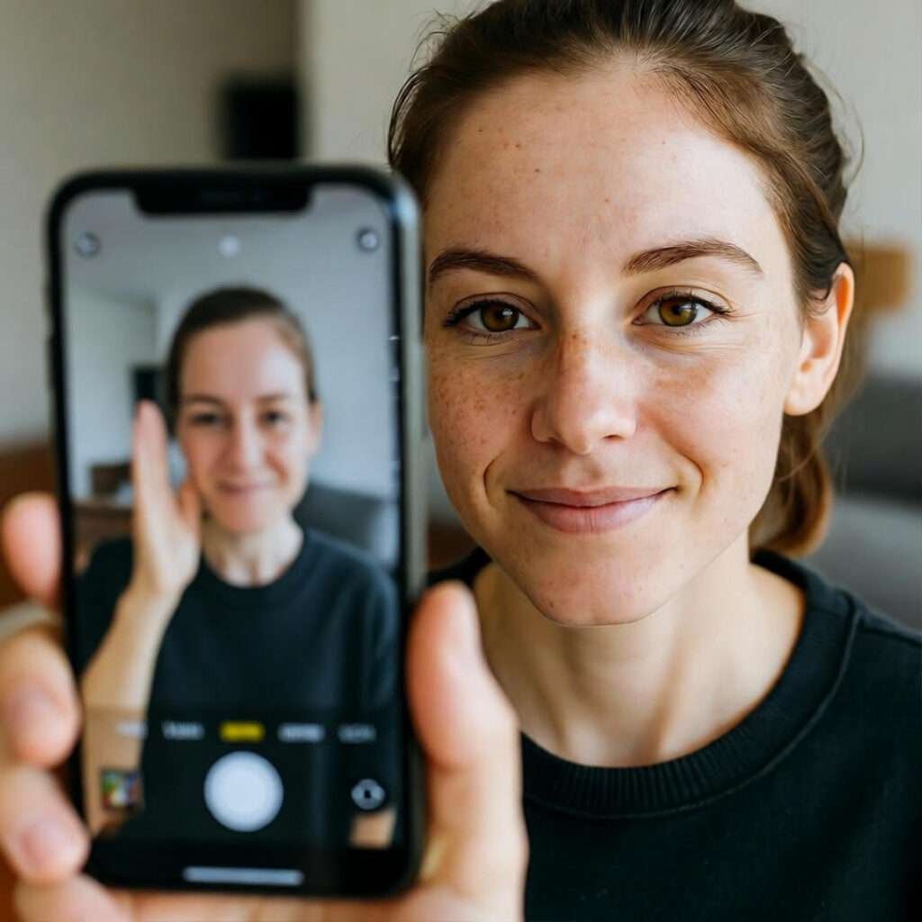 Blurred selfie high-fiving virtual avatar on tilted phone screen.