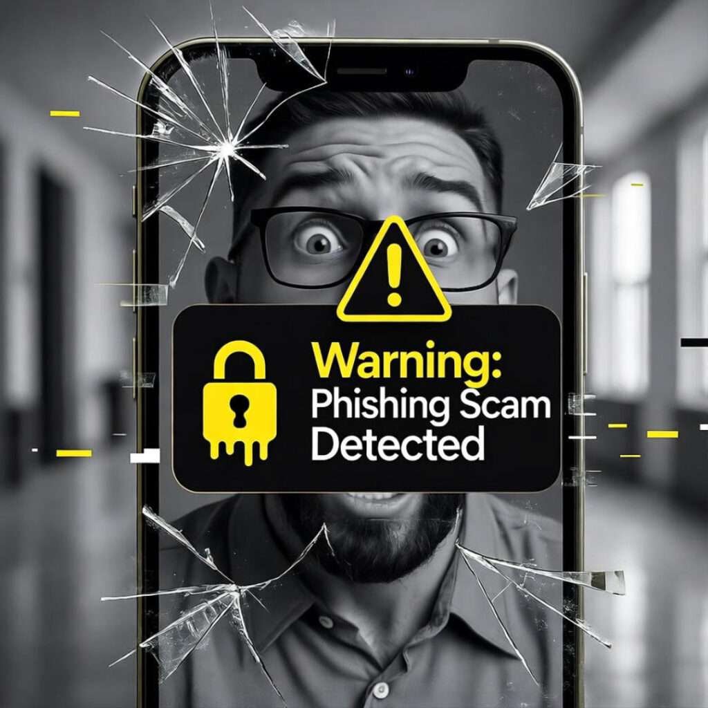 Shocked face in cracked phone; phishing warning, melting lock.