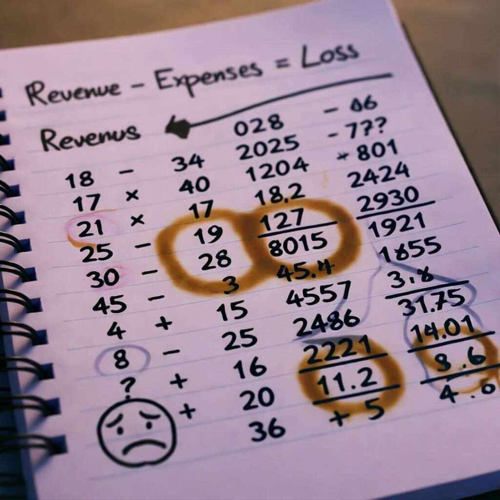 Journal losses with sad arrows, coffee-ring art; soft lavender recovery.