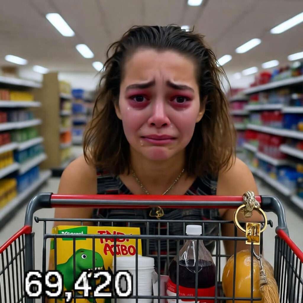Grainy Target cam: ugly-crying shopper, dino nuggets cart, phone glowing 69,420.