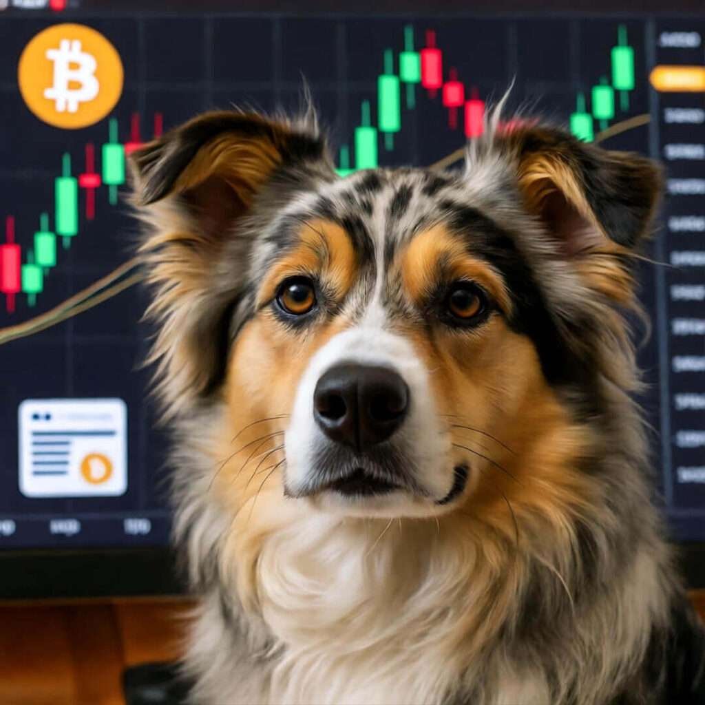 Dog staring at Bitcoin treat with trading chart background.