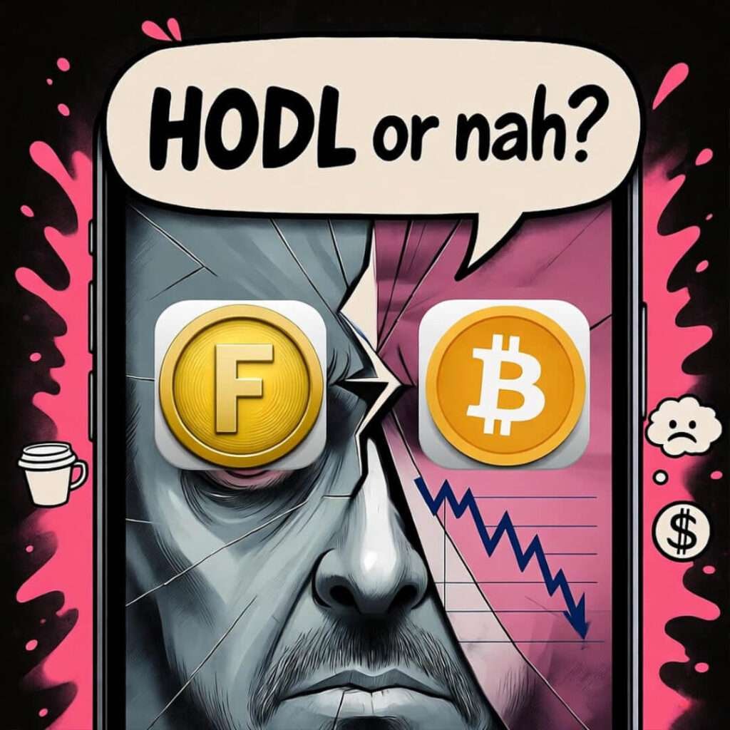 Cracked phone reflects tired face, Fed coin app, falling Bitcoin, "HODL or nah?" bubble.