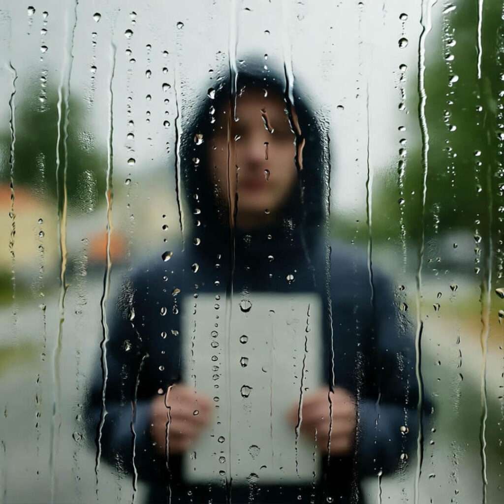 Blurry soaked sign-waver seen through rain-streaked car window.