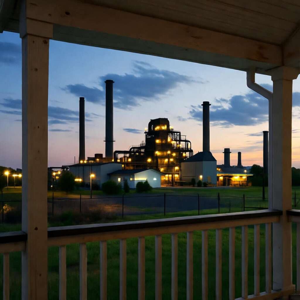 View from porch of industrial factory at dusk, lights flickering on.