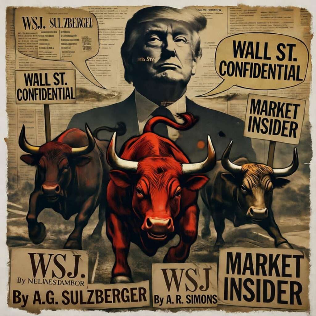 Red bulls charge WSJ protest signs under Trump's looming face, ticker bubbles pop.