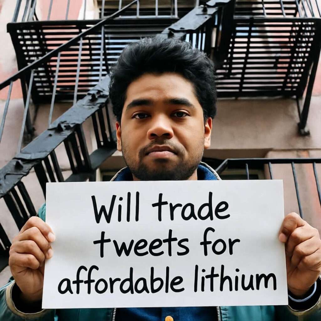 Fire-escape selfie: holding sign “Will trade witty tweets for affordable lithium.”