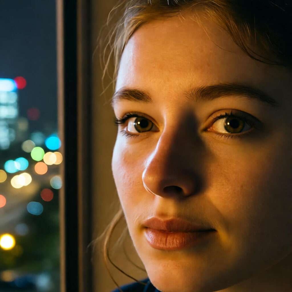 Face glowing in cozy night window, blurred city lights outside.