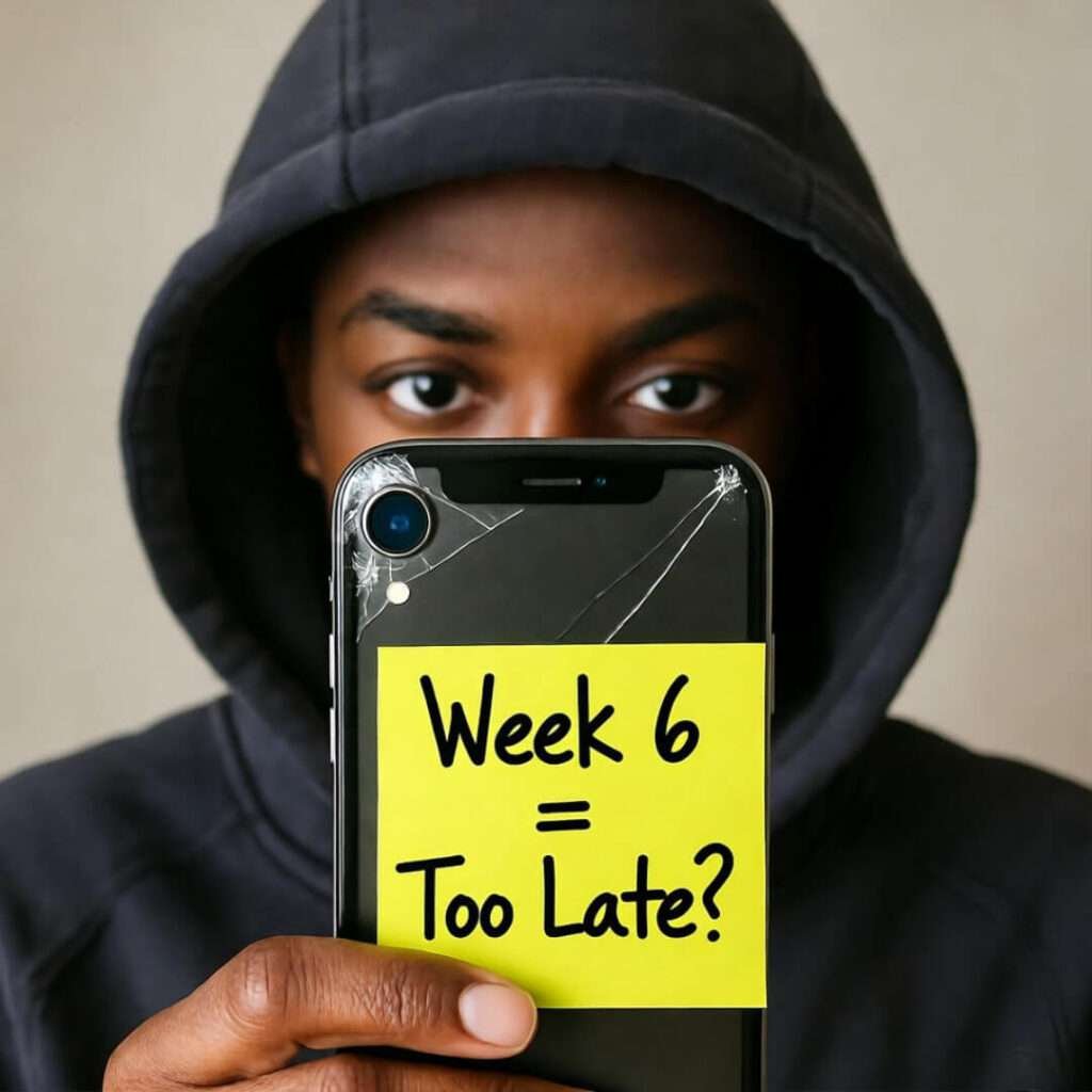 Hooded mirror selfie, cracked phone, Post-it: “Week 6 = Too Late?”