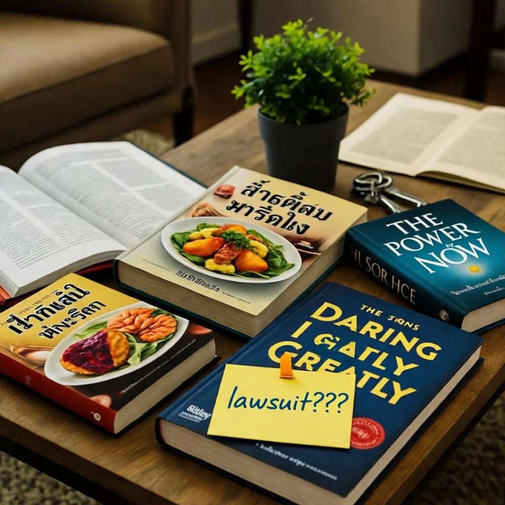 Coffee table cluttered with EOBs, Thai menus, "lawsuit???" Post-it.