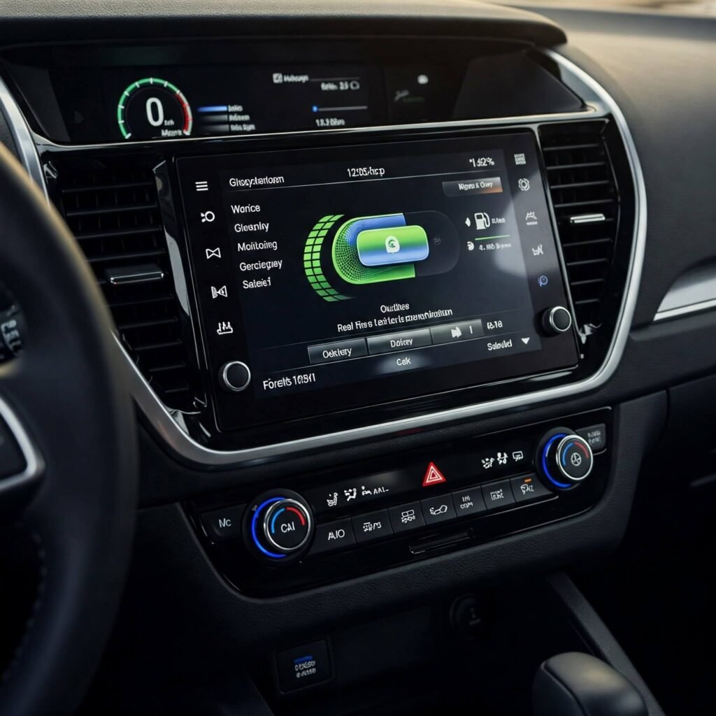 Eco-Dashboard Close-Up: Hybrid Car Interior