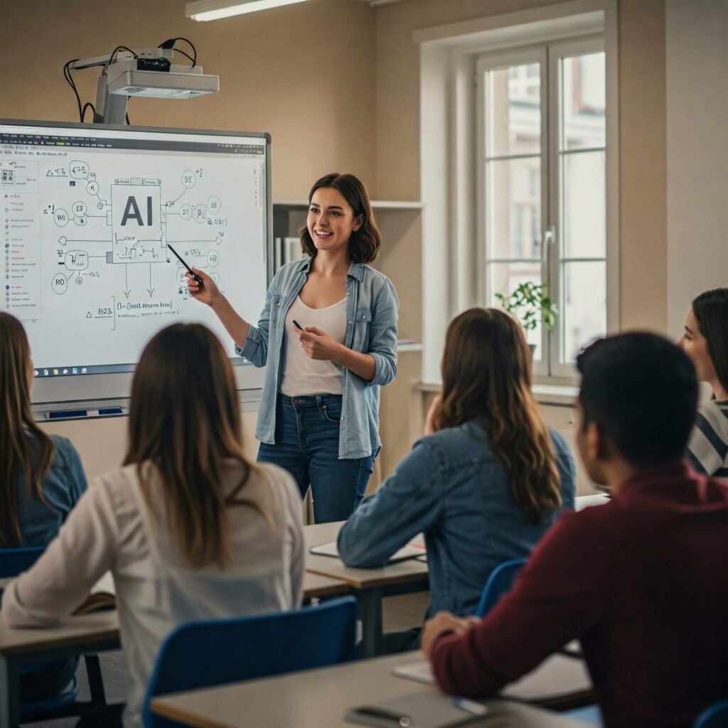 Teacher presenting AI concepts to students