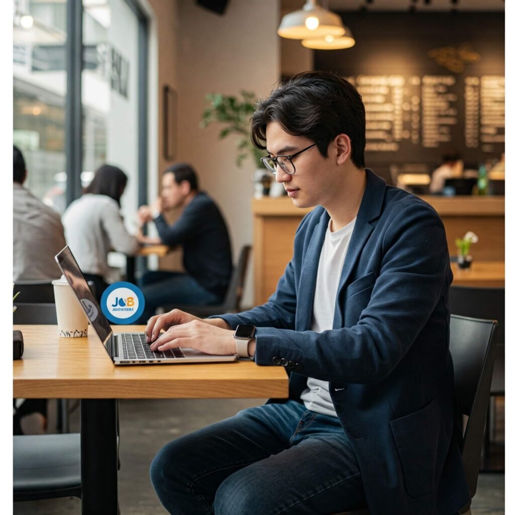 Young professional working remotely in a café