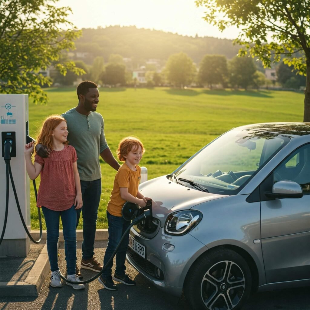 Family Charging EV: Sunny, Vibrant Scene