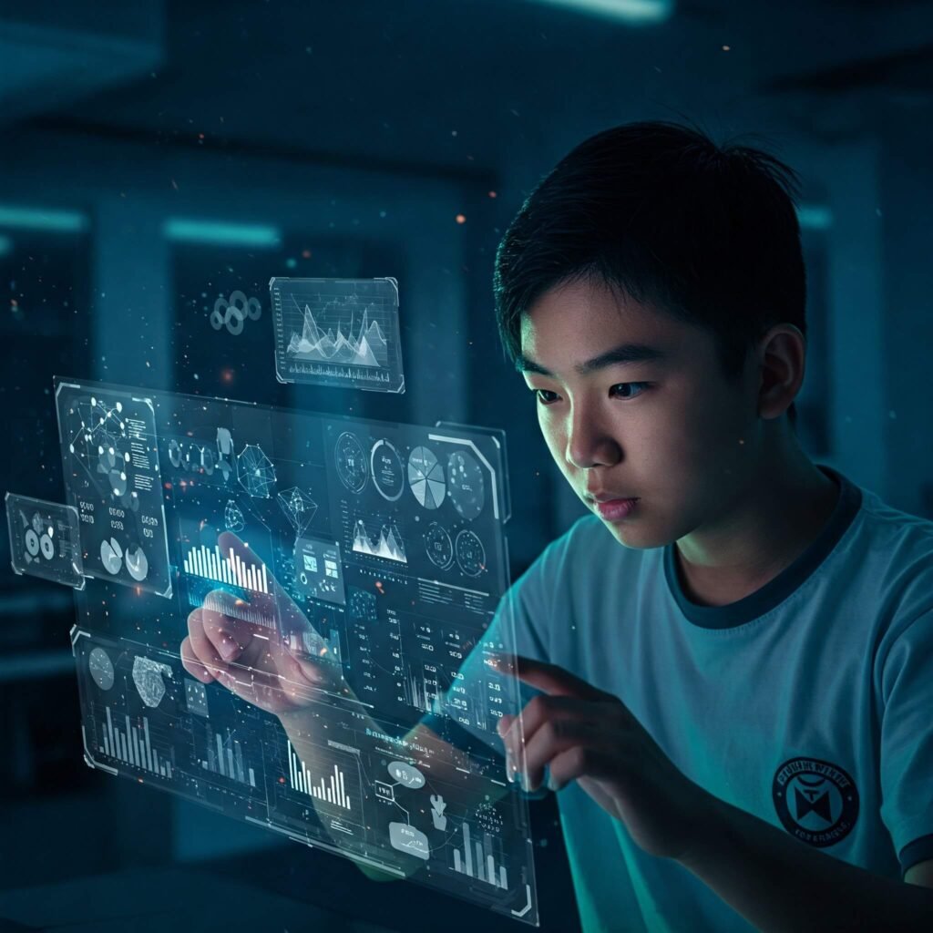 Student interacting with holographic AI interface