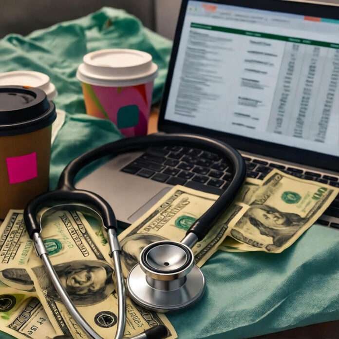 Stethoscope tangled in cash, laptop salary chart, scrubs draped, neon pink coffee cups.