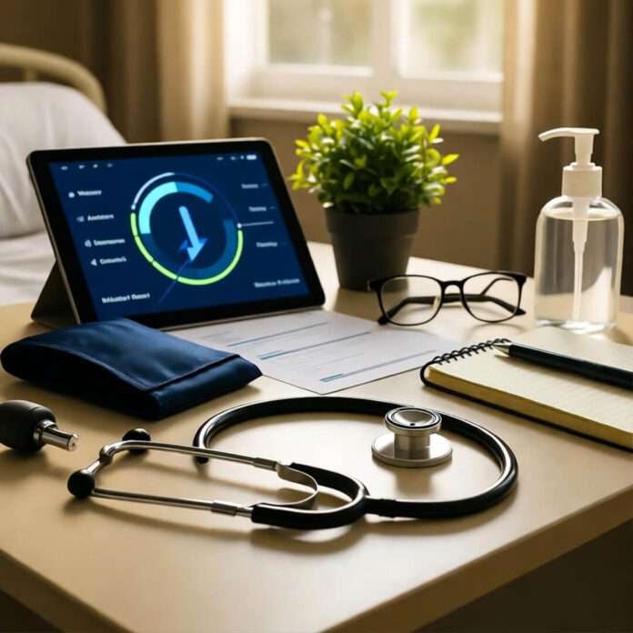 Nurse's POV: cluttered bedside table with stethoscope, tablet showing AI vitals, glasses, sanitizer.