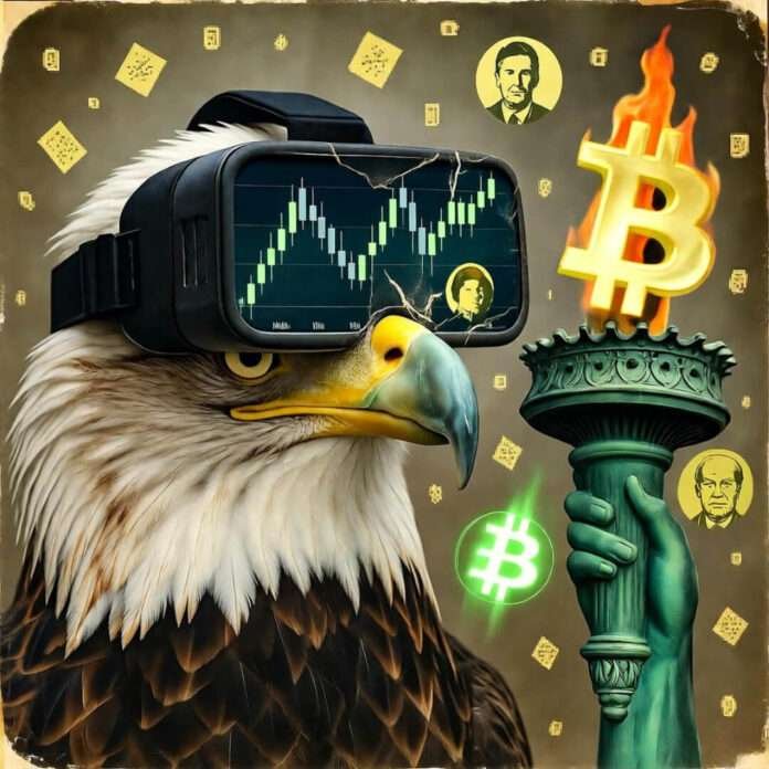 Bald eagle in cracked VR goggles views crypto charts; melting torch burns Bitcoin flames.