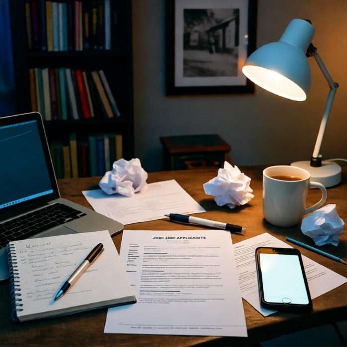 Cluttered desk at night: laptop, coffee, resumes, lamp, crumpled papers. Low-angle view.