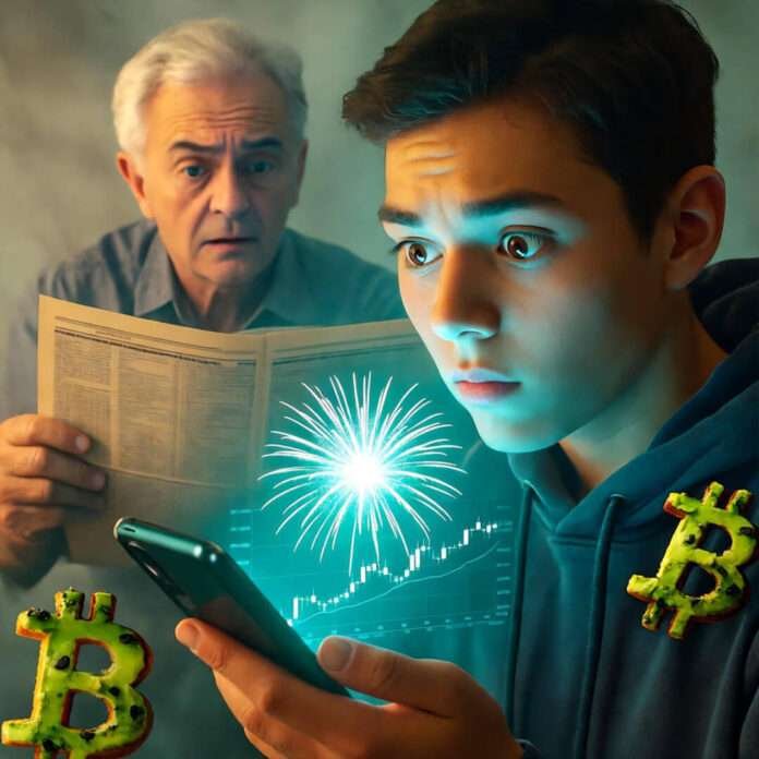 Gen Z kid eyes crypto fireworks on phone; confused boomer clutches dusty newspaper.