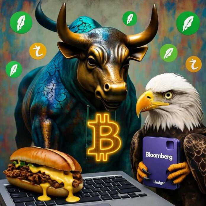 Cracked Bitcoin-hoodie bull, cheesesteak-dripping terminal, confused eagle with Ledger, floating middle-finger confetti.