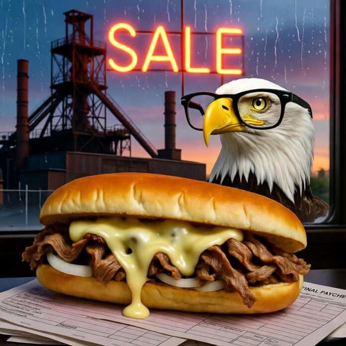 Confused eagle in cheap glasses eyes cheesesteak atop pink slips under flickering SALE neon.
