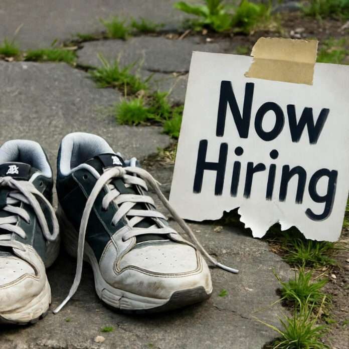 Scuffed sneakers beside torn 