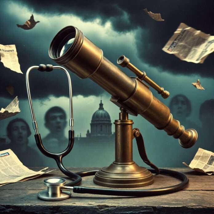 A telescope and stethoscope on a table with a stormy background.