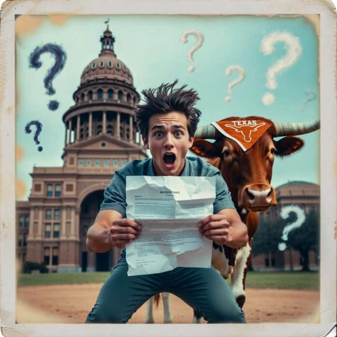 Shocked applicant jumps with acceptance letter; longhorn photobombs Texas Capitol. Polaroid style.