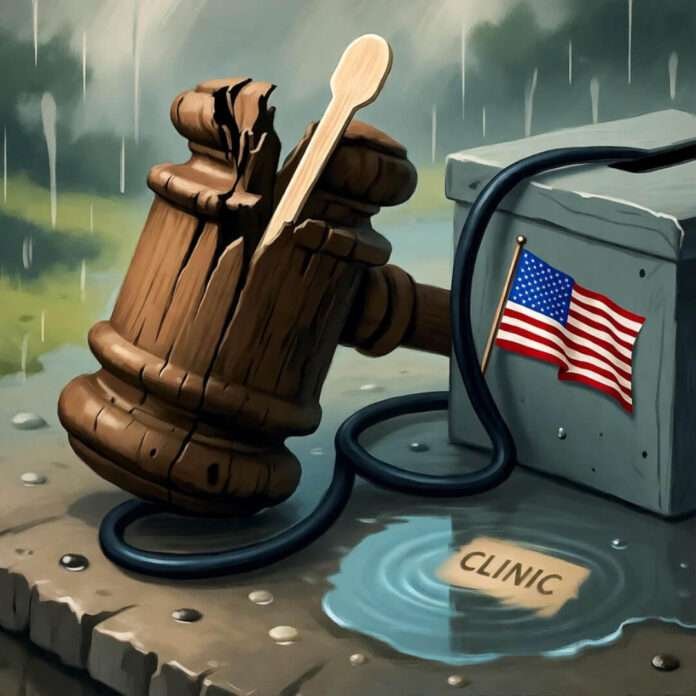 Splintered gavel tied by phone cord to ballot box, clinic reflected in rainy puddle.