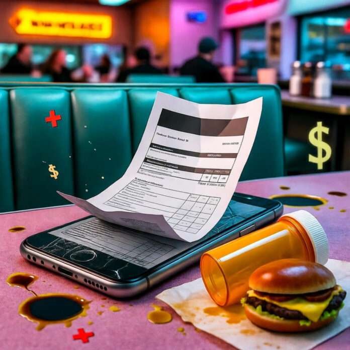 Cracked phone spills unpaid bill onto sticky diner table; empty pill bottle nears burger.