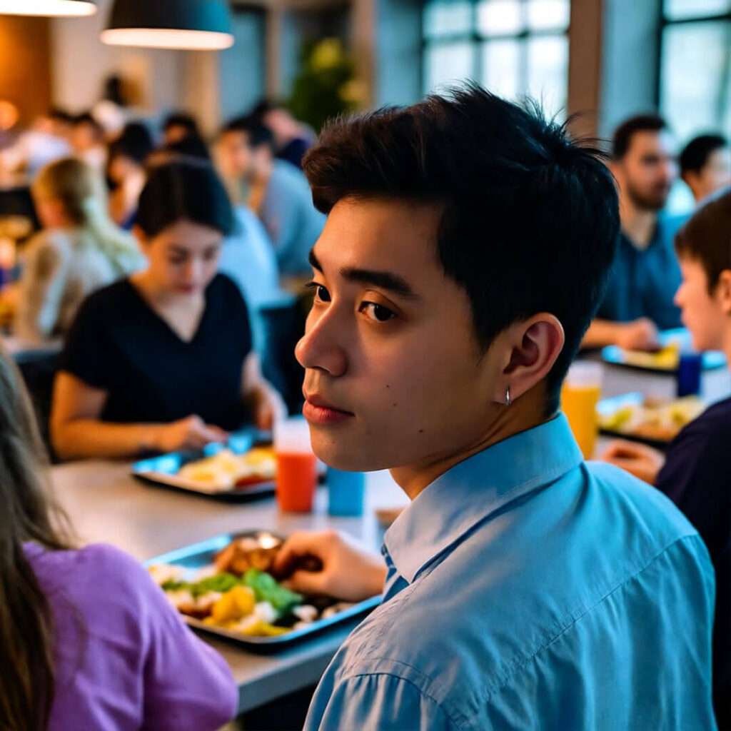 Young man side-glances at colleague's success in crowded cafeteria.