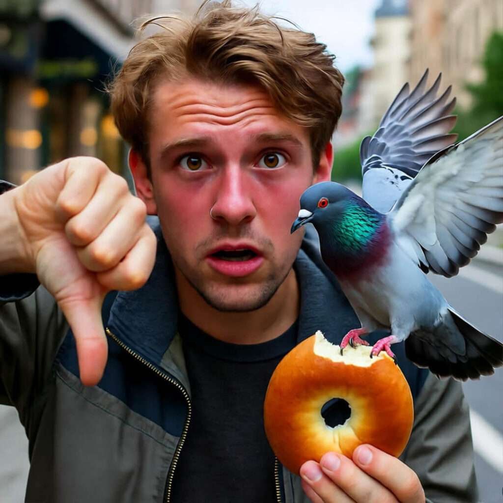 Red-faced man thumbs-down as pigeon snatches his bagel.