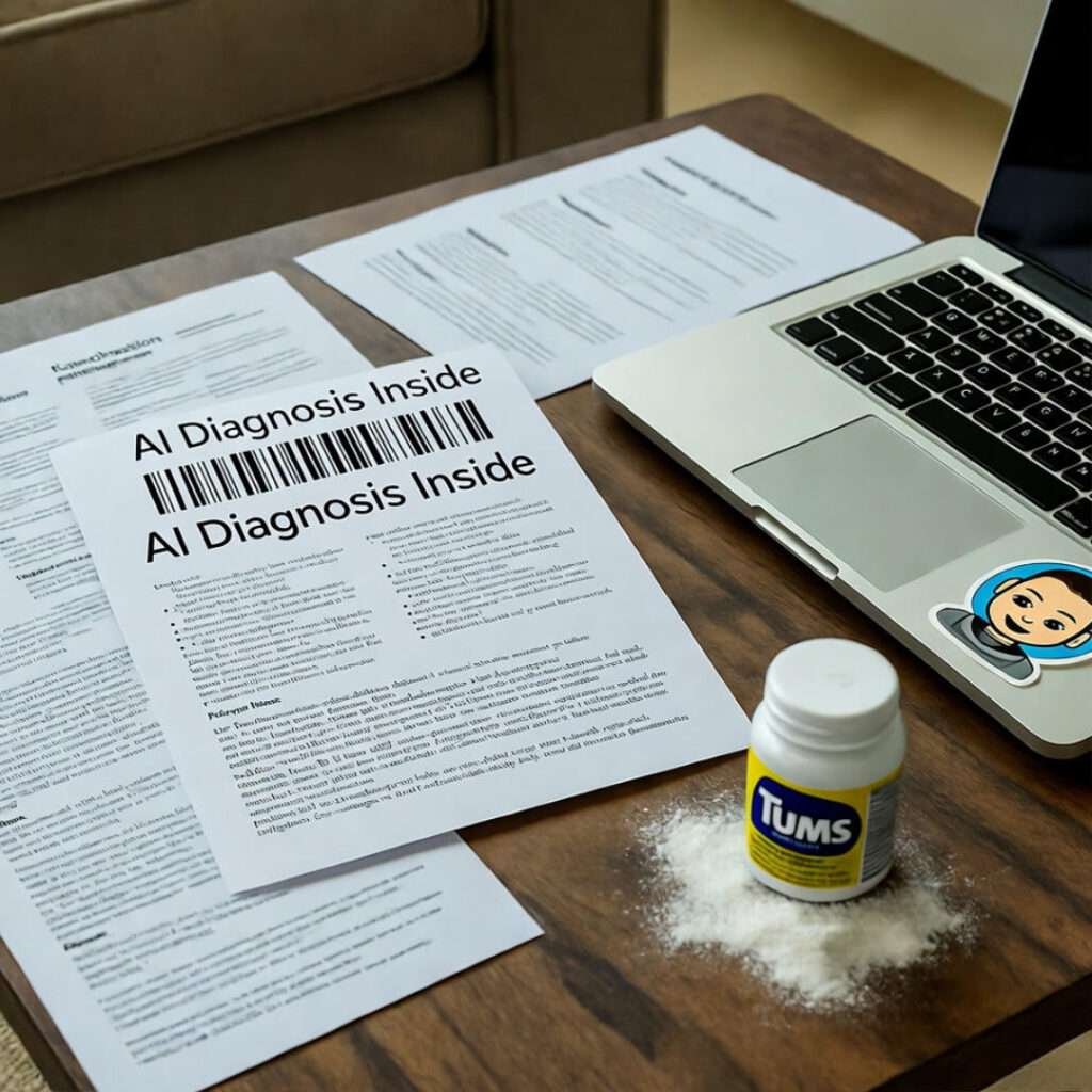 Messy coffee table with AI diagnosis printouts, spilled Tums, robot sticker on laptop.