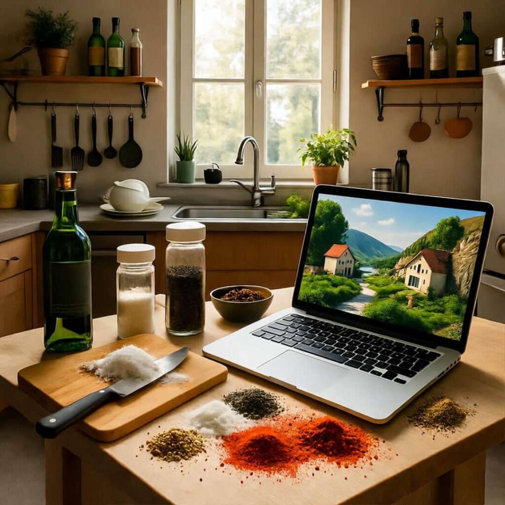 Messy kitchen counter with spilled spices, laptop showing village scene, wonky lap view.