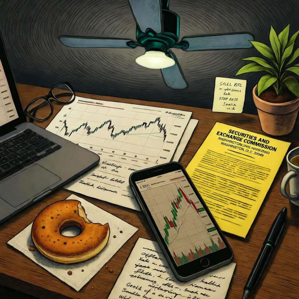 Overhead spin: donut, crashing charts, SEC letter looms over doomed phone.