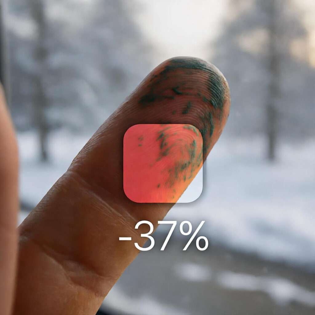 Thumb smudge on iPhone screen shows red -37% dip; snowy window blurred behind.