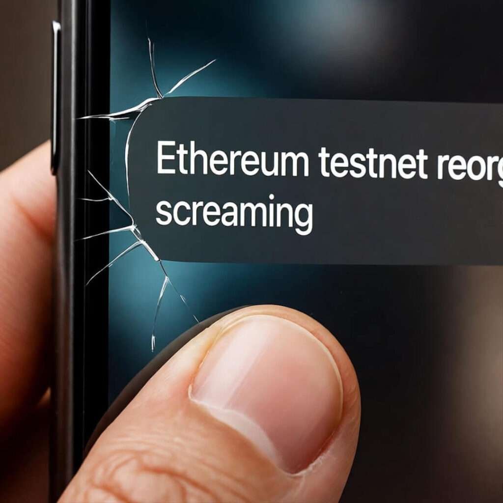 Cracked phone screen: Ethereum testnet screaming "reorg," thumb smudge visible.