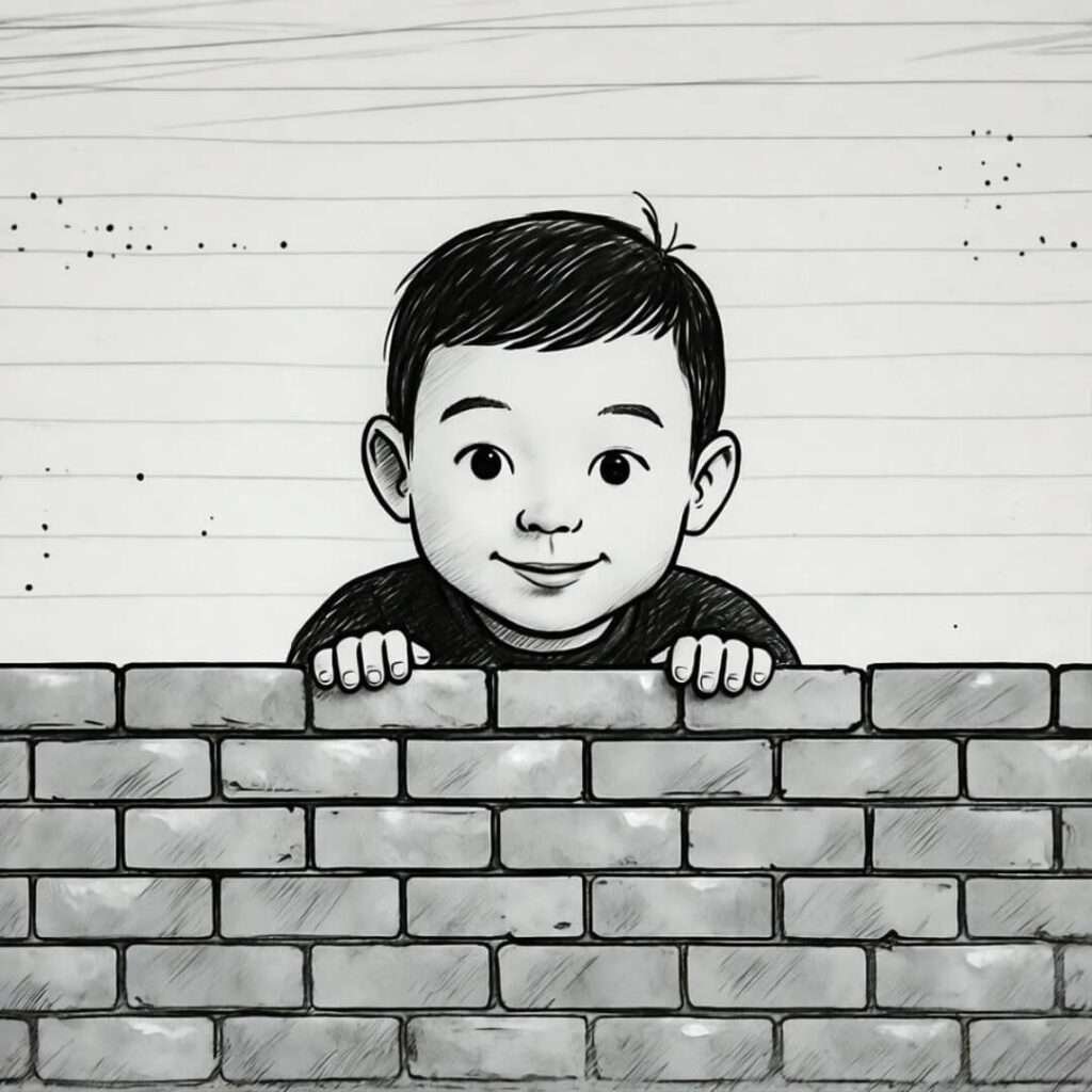 Boy peeks sheepishly over brick tariff wall at blocked drones and phones.
