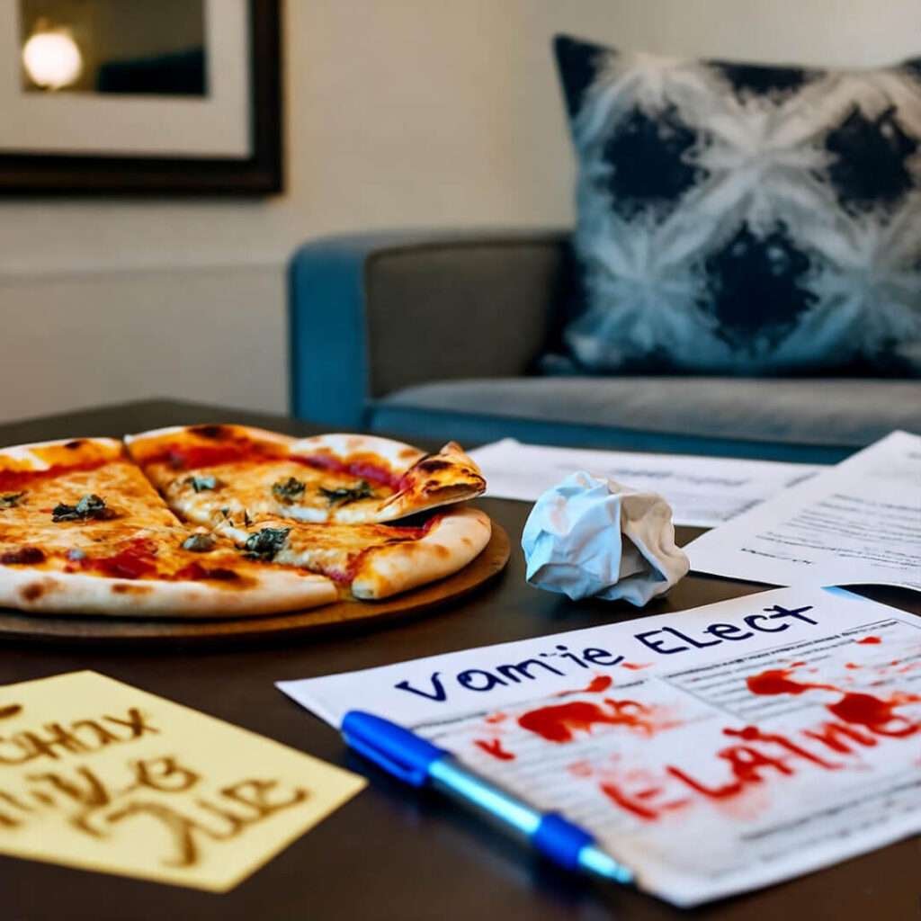 Election night coffee table: pizza crust, crumpled ballot, sauce-stained notes.