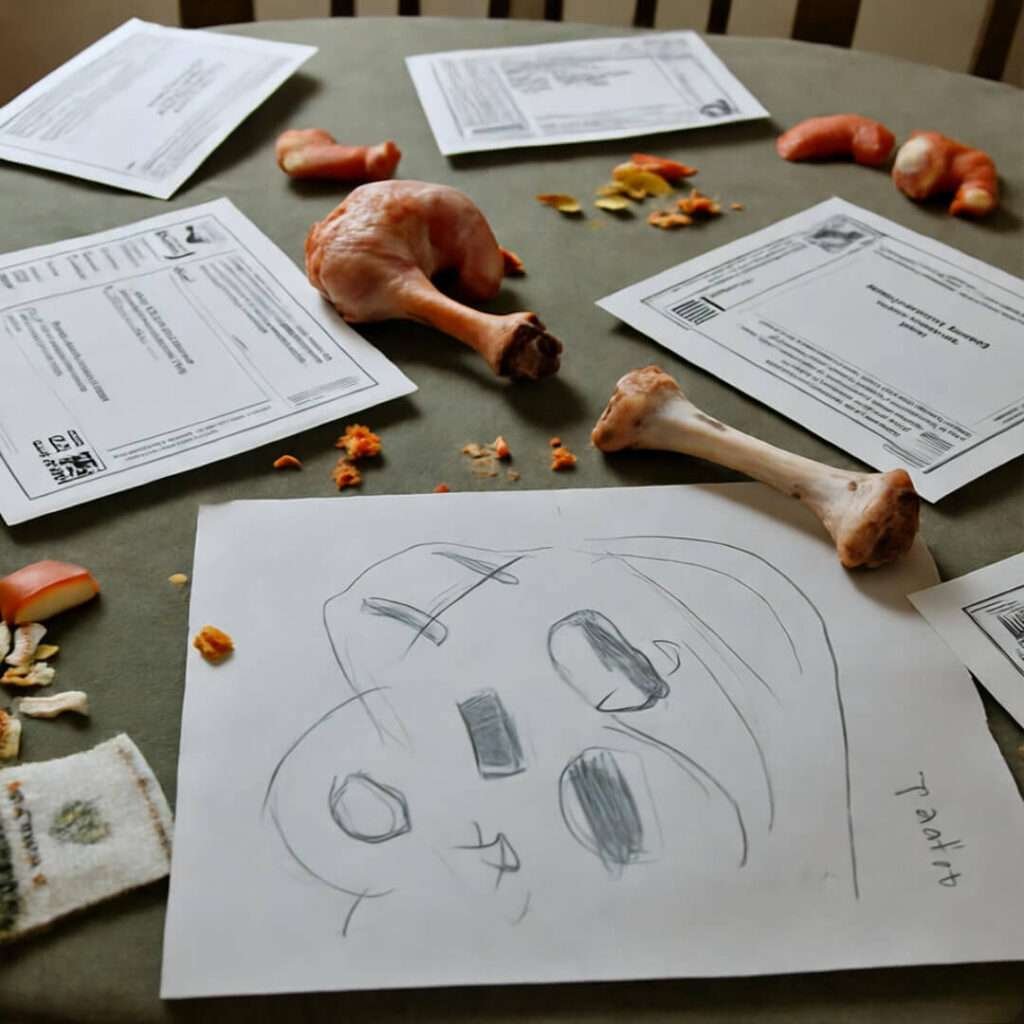 Turkey bones, ballots, and kid doodles clutter messy table overhead.