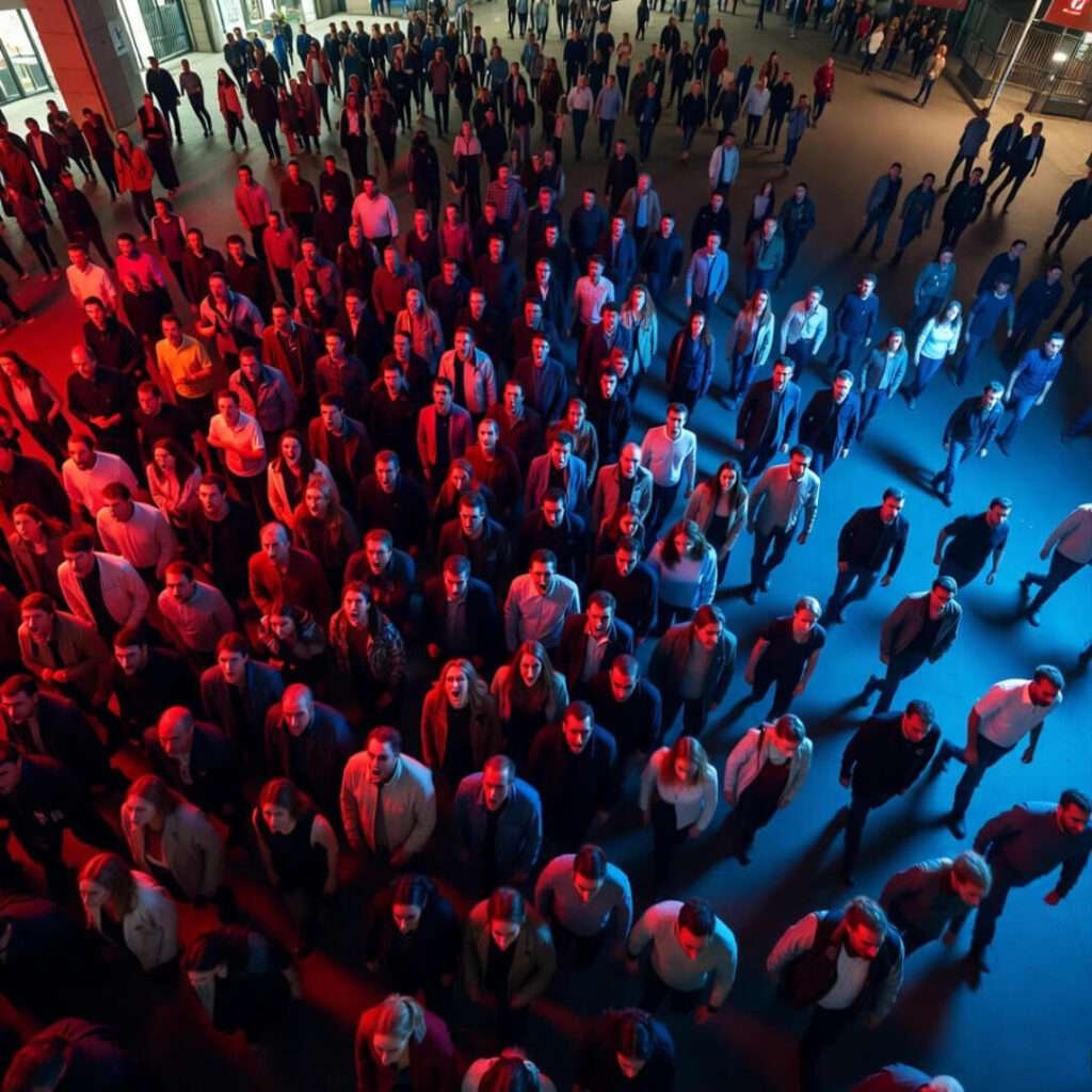 Drone view: red-lit crowd screaming left, blue-lit half walking away right.