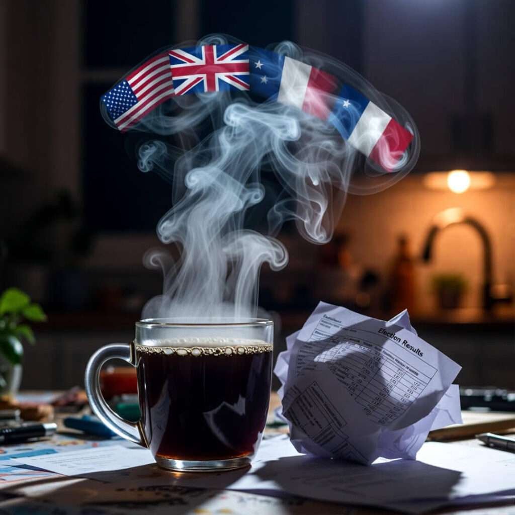 Steaming coffee mug with flag-shaped steam beside crumpled election printout, 3 AM kitchen.
