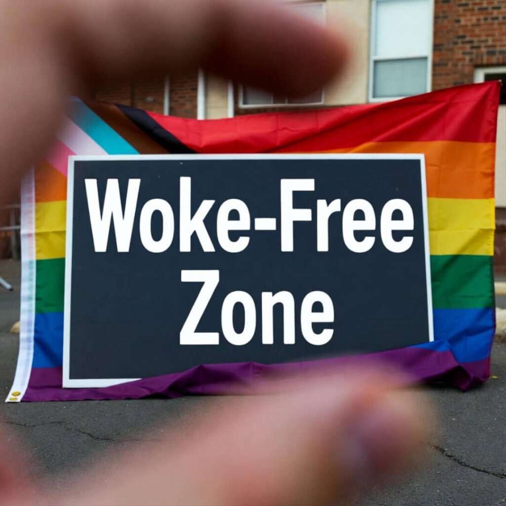 Thumb-smeared phone shot of "Woke-Free Zone" sign tangled in pride flag.