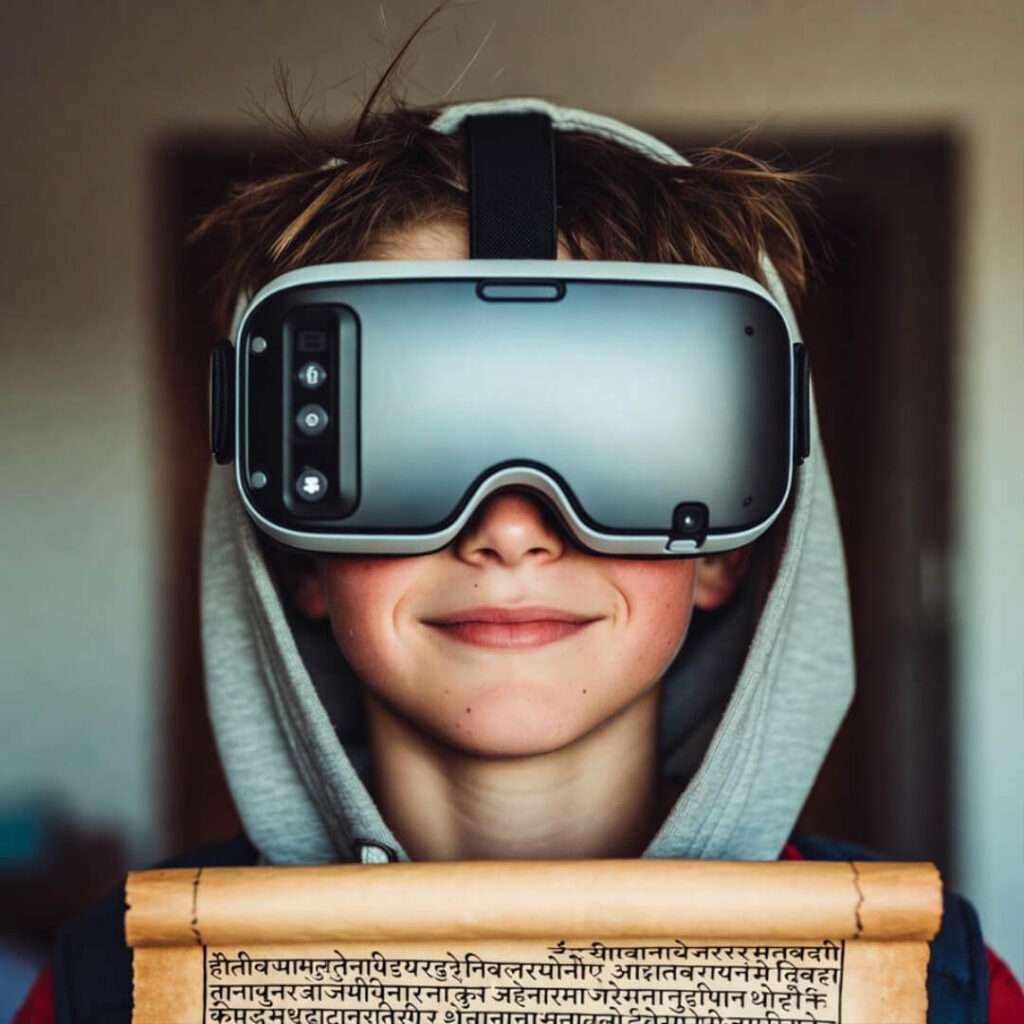 Teen in VR goggles holds Sanskrit scroll, off-kilter phone snap.