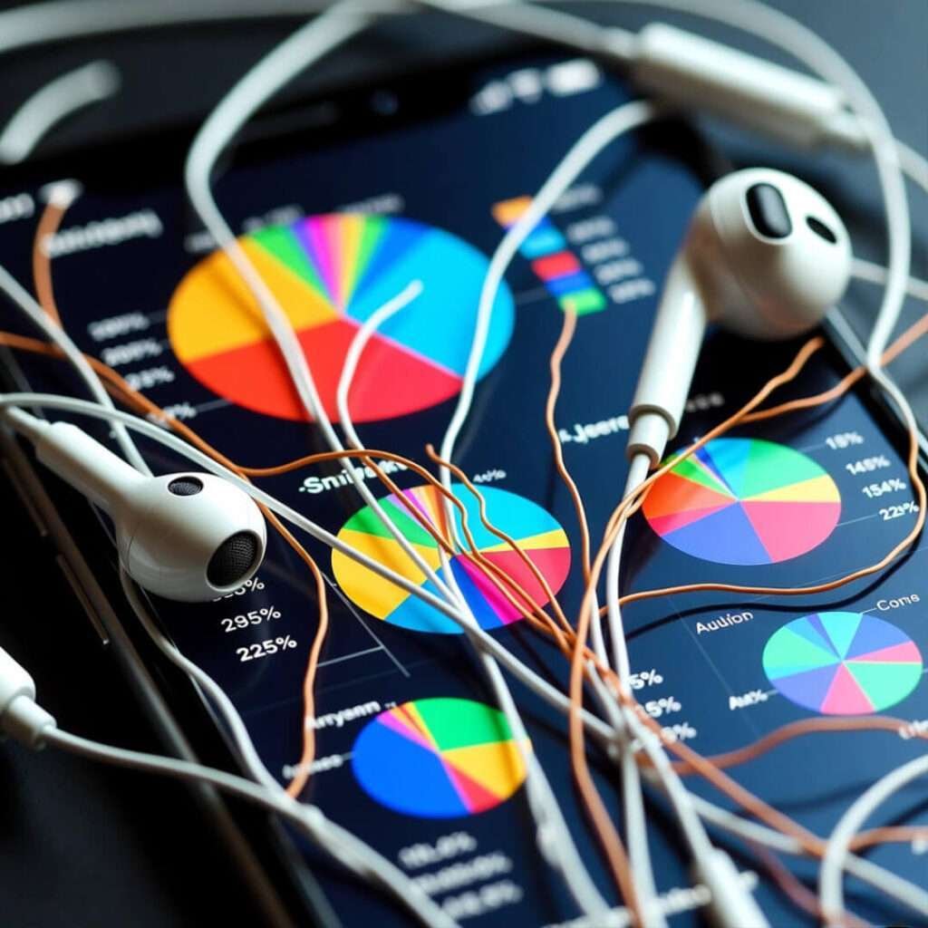 Cracked phone screen with pie charts, earbuds tangled like veins.