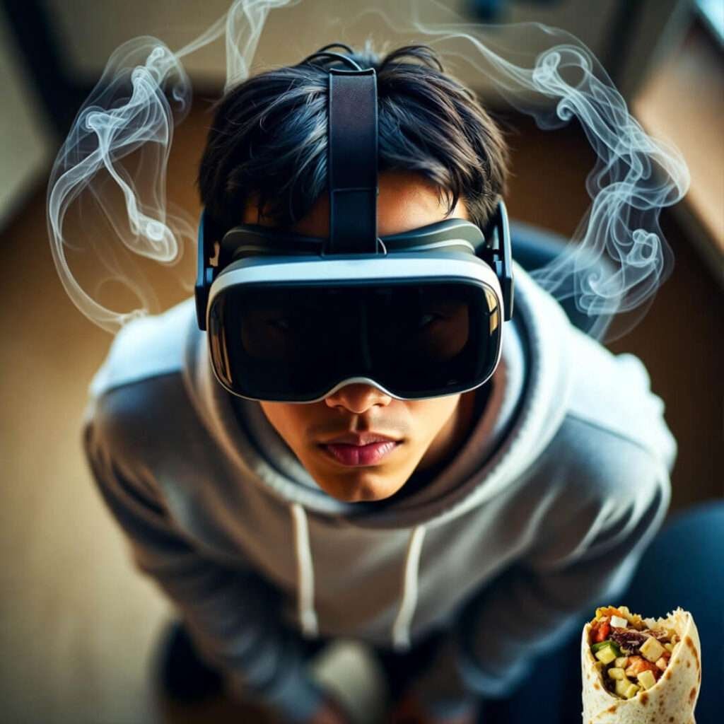 Student in hoodie with VR goggles, AI smoke swirling, half-eaten burrito nearby.