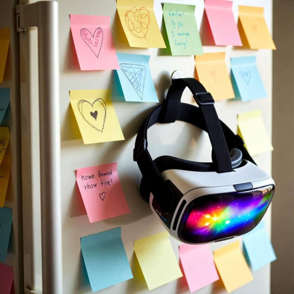 VR headset dangles from magnet on sticky-note-covered fridge.