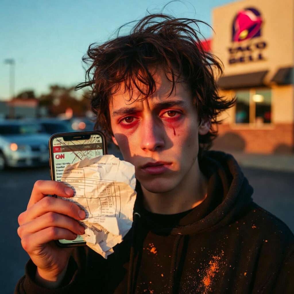 Grainy selfie with red eyes, holding loan statement and cracked phone with CNN, taco dust on hoodie, Taco Bell parking lot at golden hour.