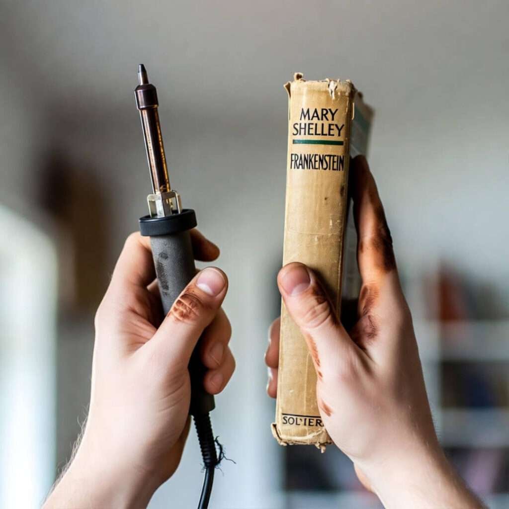 Coffee-stained hands hold broken soldering iron beside worn Frankenstein book.